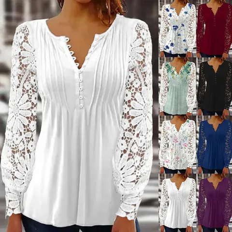 Women V-Neck Pleated T-Shirt Lace Patchwork Sleeve Long Short Sleeve Casual Top Floral Print Buttons Base Layer Tee