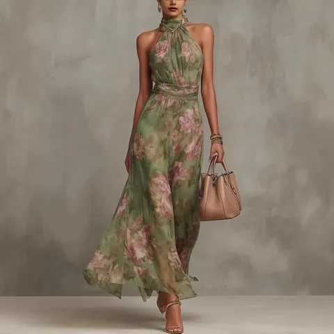Women Floral Printed Halter Maxi Dress Ruffle Ruched Bodycon Split Hem Sexy Halter Neck Top And Bottom Summer Dress