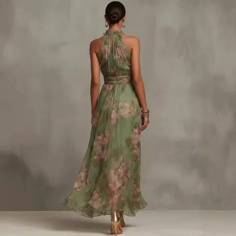 Women Floral Printed Halter Maxi Dress Ruffle Ruched Bodycon Split Hem Sexy Halter Neck Top And Bottom Summer Dress