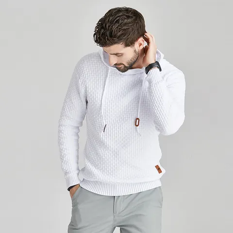 Men Jacquard Hooded Sweater Casual Long Sleeve Pullover Knit Hoodie Waffle Pattern Fashion Slim Fit Cotton Blend Top