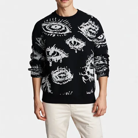 Men's Crew Neck Long Sleeve Loose Sweater Personalized Eye Jacquard Pattern Knitted Pullover Warm Fashion Streetwear Top
