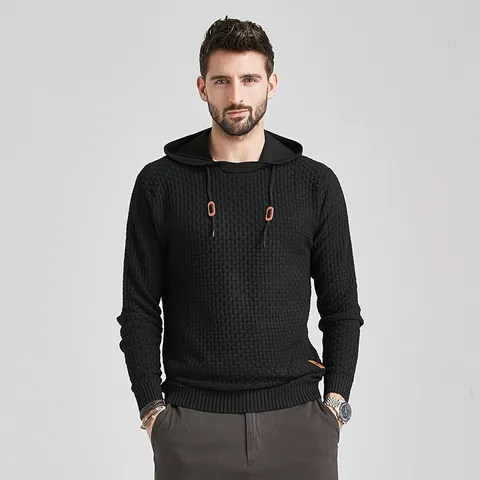 Men Jacquard Hooded Sweater Casual Long Sleeve Pullover Knit Hoodie Waffle Pattern Fashion Slim Fit Cotton Blend Top