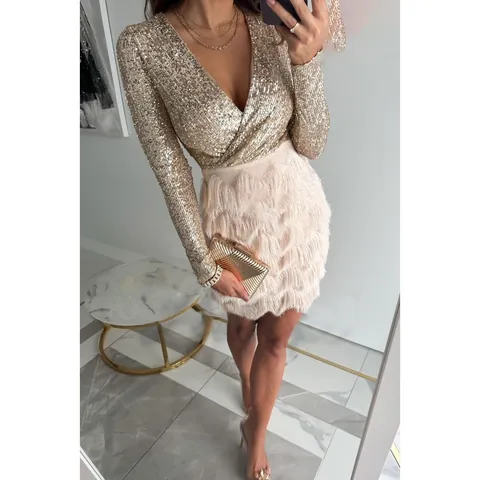 Women Luxurious Sequin V-Neck Long Sleeve Dress Fringe Slim Fit Mini Party Dress Elegant Sparkly Cocktail Evening Banquet Dress For Women