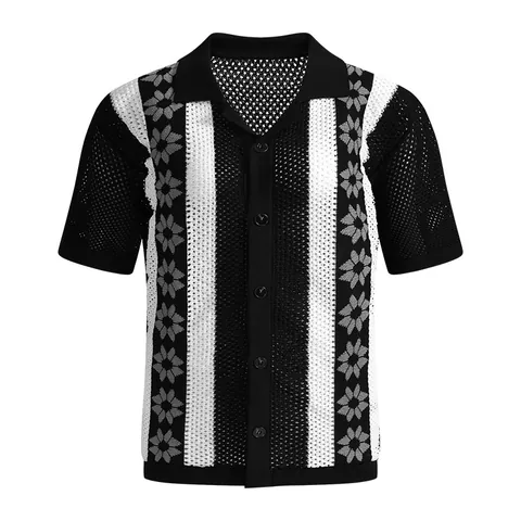 Men's Polyester Hollow Out Knit Polo Shirt Breathable 3D Jacquard Stripe Floral Pattern Short Sleeve Button Down Casual Summer Top