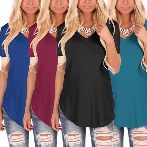 Women's Casual V-Neck Short Sleeve T-Shirt Plus Size Loose Knit Solid Color Top Summer Comfortable Cotton Blend Tee Fashion Top