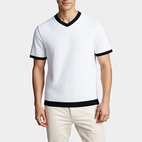 Men Summer Trendy Hollow Knit Sweater V-Neck Short Sleeve Color Block Viscose Pullover Casual Lightweight Knitwear Top Men