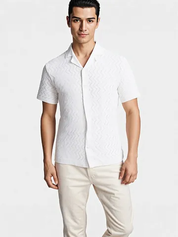 Men's Summer Knit Viscose Shirt Casual Cuban Collar Jacquard Short Sleeve Top Solid Color Breathable Fashion Knitted Shirt
