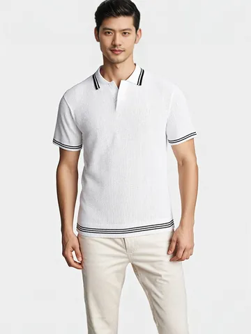 Men's Summer Knitted Polo Shirt Jacquard Viscose Blend Short Sleeve Contrast Striped Business Casual Men's Knitwear Top