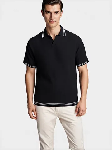 Men's Summer Knitted Polo Shirt Jacquard Viscose Blend Short Sleeve Contrast Striped Business Casual Men's Knitwear Top