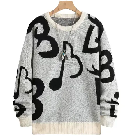 Suéter de Punto Jacquard Retro para Hombre Corte Holgado Cuello Redondo Pullover Streetwear Moda Prendas de Punto Top Con Patrón de Letras