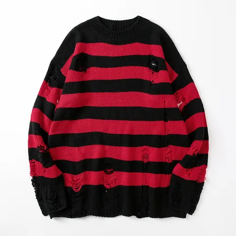 Men's Japanese Retro Striped Distressed Knitted Sweater Casual Oversized Ripped Pullover Top For Couples Streetwear Winter Sweater