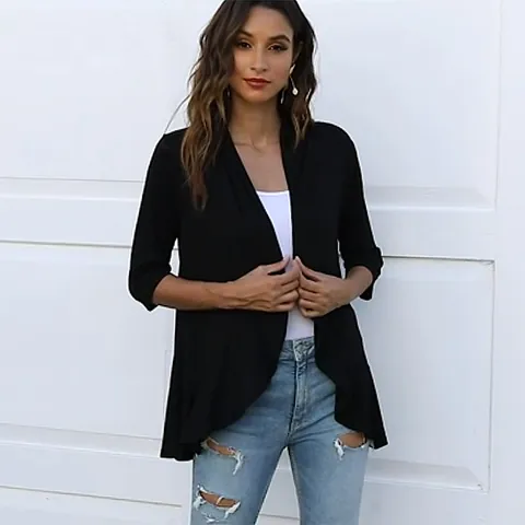 Women Plus Size Knit Cardigan Ruffle Hem 3/4 Sleeve Solid Color Viscose Knitted Open Front Sweater Top Casual Autumn Jacket