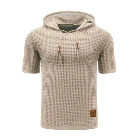 Men Casual Jacquard Ice Silk Knitted Hooded T-Shirt Short Sleeve Solid Waffle Texture Breathable Top For Summer Sports