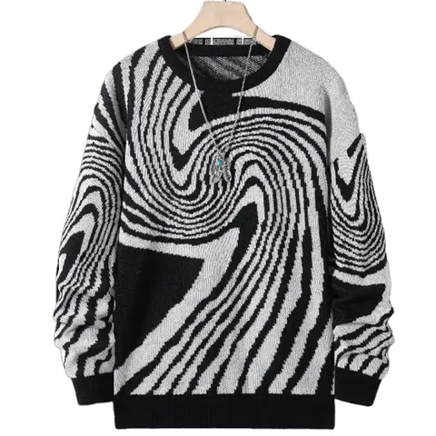 Men's Jacquard Swirl Pattern Sweater Loose Casual Crew Neck Knitwear Pullover Long Sleeve Top For Autumn Winter