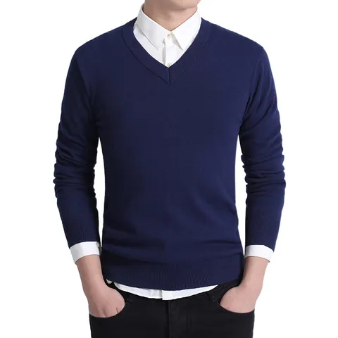Men's Cotton V-Neck Pullover Sweater Casual Slim Fit Knit Top Autumn Long Sleeve Base Layer Knitwear