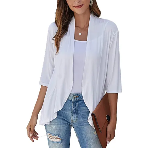 Women Plus Size Knit Cardigan Ruffle Hem 3/4 Sleeve Solid Color Viscose Knitted Open Front Sweater Top Casual Autumn Jacket