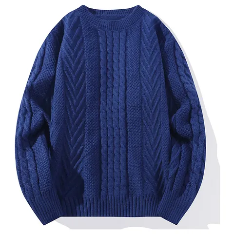 Men's Cable Knit Jacquard Sweater Wool Blend Round Neck Long Sleeve Pullover Autumn Winter Casual Knitwear For Teenagers