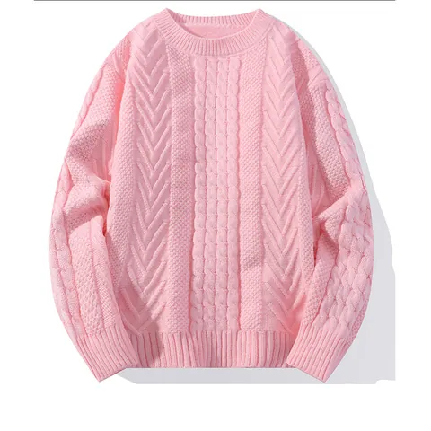 Men's Cable Knit Jacquard Sweater Wool Blend Round Neck Long Sleeve Pullover Autumn Winter Casual Knitwear For Teenagers