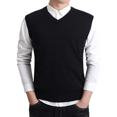 Gilet in Maglia di Cotone Business Casual da Uomo Pullover Senza Maniche Scollo a V Tinta Unita Slim Fit per Autunno Inverno