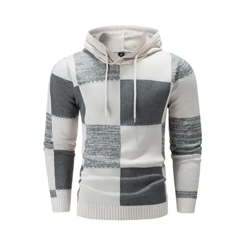 Men's Casual Hooded Knit Sweater Cotton Blend Patchwork Checkered Long Sleeve Pullover Autumn Winter Hooded Sweatshirt
