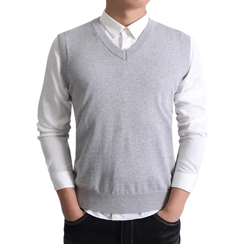Gilet in Maglia di Cotone Business Casual da Uomo Pullover Senza Maniche Scollo a V Tinta Unita Slim Fit per Autunno Inverno