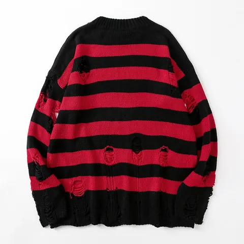 Men's Japanese Retro Striped Distressed Knitted Sweater Casual Oversized Ripped Pullover Top For Couples Streetwear Winter Sweater