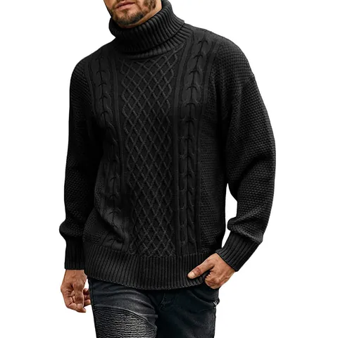 Men's Turtleneck Cable Knit Sweater Casual Solid Color Long Sleeve Pullover Knitwear Top For Autumn Winter European Style