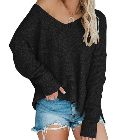 Women Oversized Knit Sweater Off Shoulder V Neck Pullover Sexy Long Sleeve Loose Fit Polyester Jumper Autumn Casual Top