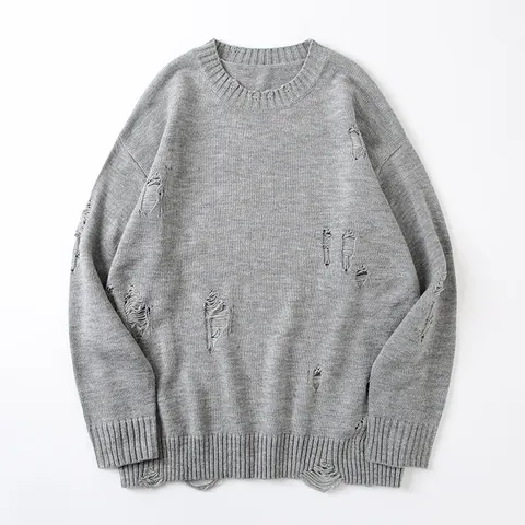Men's American Street Style Loose Distressed Ripped Sweater Round Neck Pullover Lazy Style Knitted Top For Autumn Winter