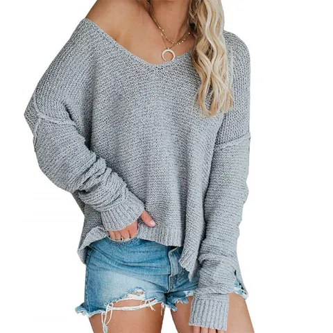 Women Oversized Knit Sweater Off Shoulder V Neck Pullover Sexy Long Sleeve Loose Fit Polyester Jumper Autumn Casual Top