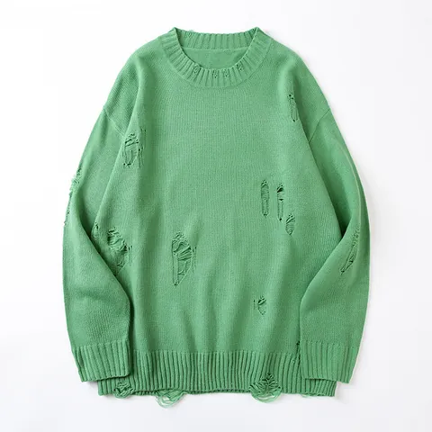 Men's American Street Style Loose Distressed Ripped Sweater Round Neck Pullover Lazy Style Knitted Top For Autumn Winter