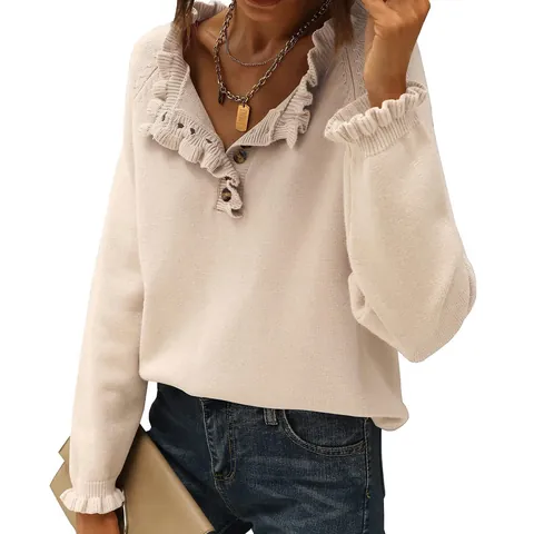 Women Casual Knit Pullover Sweater Ruffle V-Neck Long Sleeve Button Decor Ribbed Slim Jumper Viscose Polyester Solid Color Autumn Top