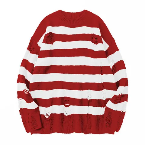 Acrylic Striped Jacquard Distressed Knitwear Men Streetwear Loose Round Neck Long Sleeve Pullover Top For Spring Autumn