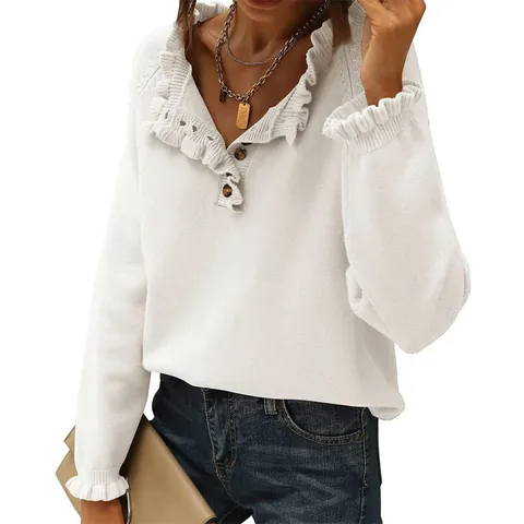 Women Casual Knit Pullover Sweater Ruffle V-Neck Long Sleeve Button Decor Ribbed Slim Jumper Viscose Polyester Solid Color Autumn Top