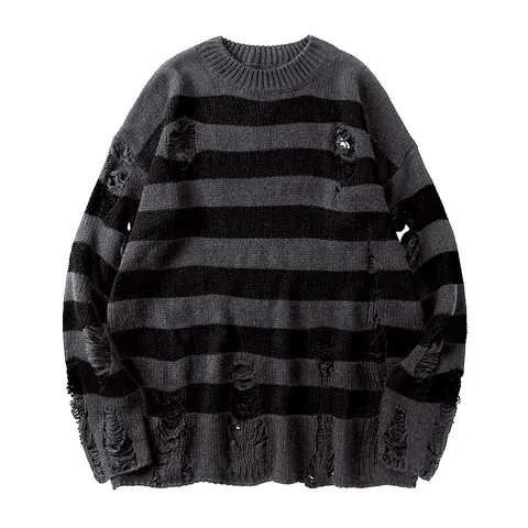 Acrylic Striped Jacquard Distressed Knitwear Men Streetwear Loose Round Neck Long Sleeve Pullover Top For Spring Autumn