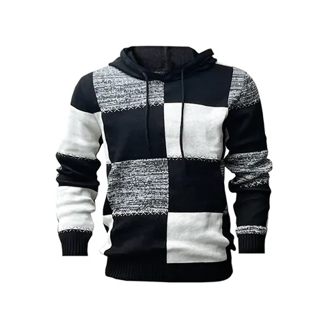 Men's Casual Hooded Knit Sweater Cotton Blend Patchwork Checkered Long Sleeve Pullover Autumn Winter Hooded Sweatshirt