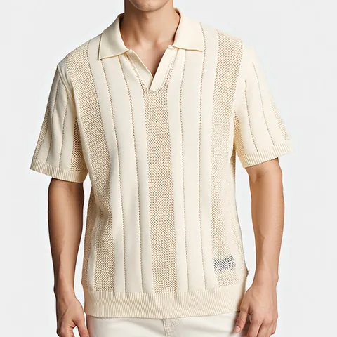 Men's Casual Short Sleeve Knitted Polo Shirt Hollow Out Texture Lapel V-Neck Knitted Top Summer Breathable Jacquard T-Shirt