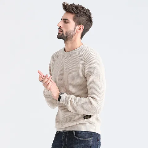 Men's Casual Acrylic Ribbed Knit Sweater Autumn Winter Crew Neck Pullover Solid Color Fashion Knitted Jumper For Young Men