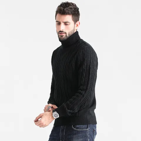 Men Slim Fit Cable Knit Sweater Autumn Winter Warm Mock Neck Pullover Youth Fashion Acrylic Knitwear Long Sleeve Top