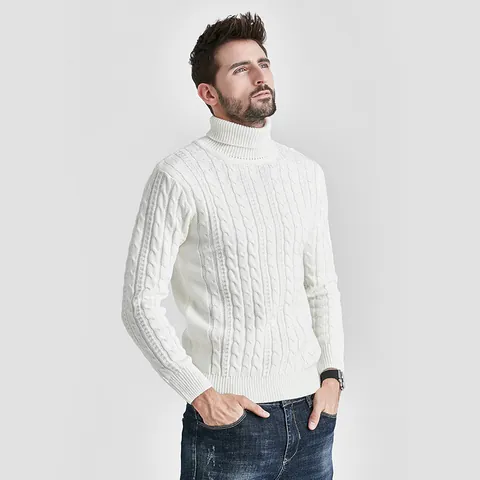 Men Slim Fit Cable Knit Sweater Autumn Winter Warm Mock Neck Pullover Youth Fashion Acrylic Knitwear Long Sleeve Top