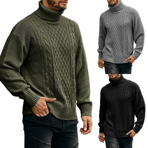 Men's Turtleneck Cable Knit Sweater Casual Solid Color Long Sleeve Pullover Knitwear Top For Autumn Winter European Style