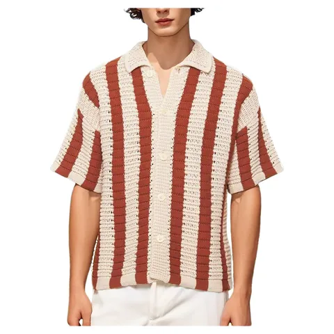 Men Casual Striped Knit Shirt Summer Short Sleeve Polo Neck Button Up Top Loose Breathable Youth Polyester Knitted Sweater