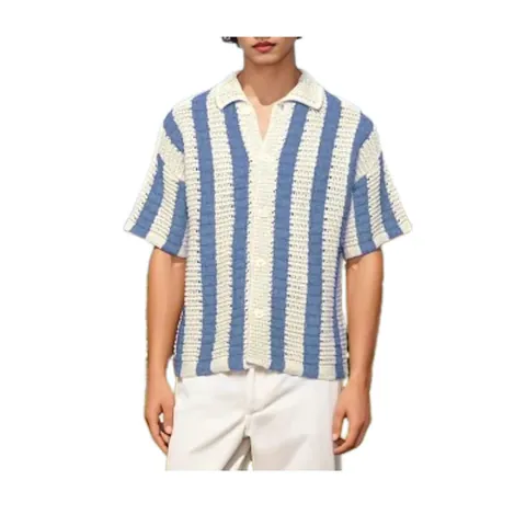 Men Casual Striped Knit Shirt Summer Short Sleeve Polo Neck Button Up Top Loose Breathable Youth Polyester Knitted Sweater