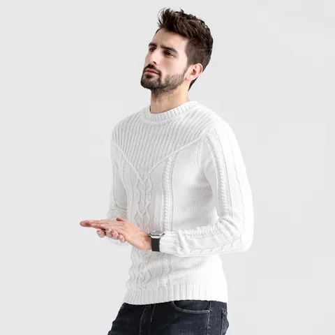 Men Slim Fit Crew Neck Cable Knit Sweater Long Sleeve Pullover Acrylic Winter Casual Fashion Jacquard Knitted Sweater Top