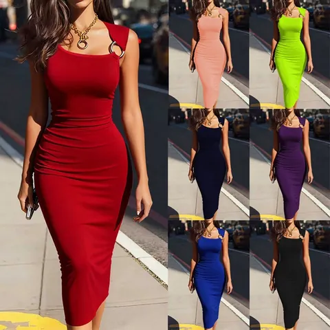 Women Polyester Asymmetric Neck Bodycon Midi Dress Sexy Sleeveless Patchwork Metal Ring Ruched Party Wear Bottom
