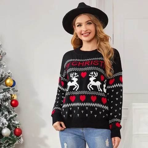 Dames Casual Kerst Rendier Jacquard Trui Losse Ronde Hals Lange Mouw Gebreide Top Voor Kerstfeest