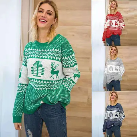 Women's Christmas Sweater Acrylic Knit Reindeer Jacquard Geometric Pattern Round Neck Long Sleeve Pullover Winter Casual Top