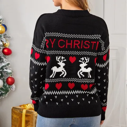 Dames Casual Kerst Rendier Jacquard Trui Losse Ronde Hals Lange Mouw Gebreide Top Voor Kerstfeest