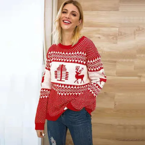Women's Christmas Sweater Acrylic Knit Reindeer Jacquard Geometric Pattern Round Neck Long Sleeve Pullover Winter Casual Top