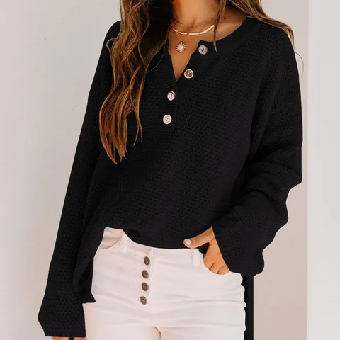Women Half Open Placket Waffle Knit Sweater Casual Loose Long Sleeve Button Down Pullover Autumn Winter Acrylic Top
